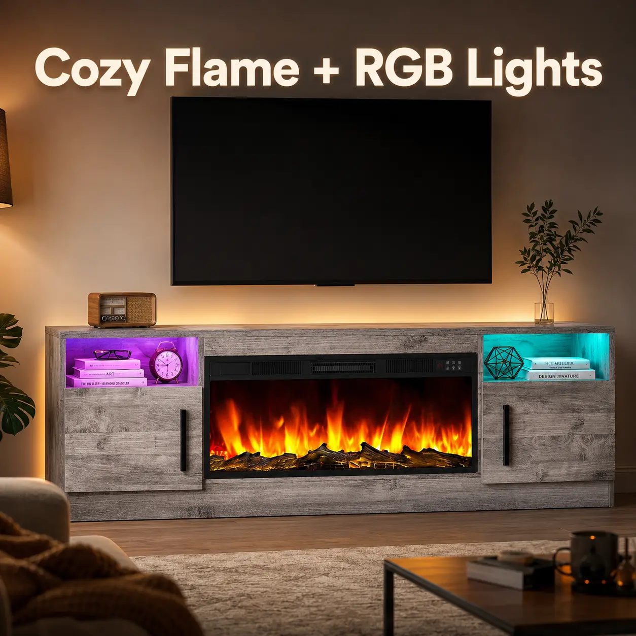 Entertainment Fireplace TV Stand 70 Inch With 36" Electric Fireplace & Built-In LED Light, Media Cabinet Supports TVs Up To 80", 2 Package Delivery