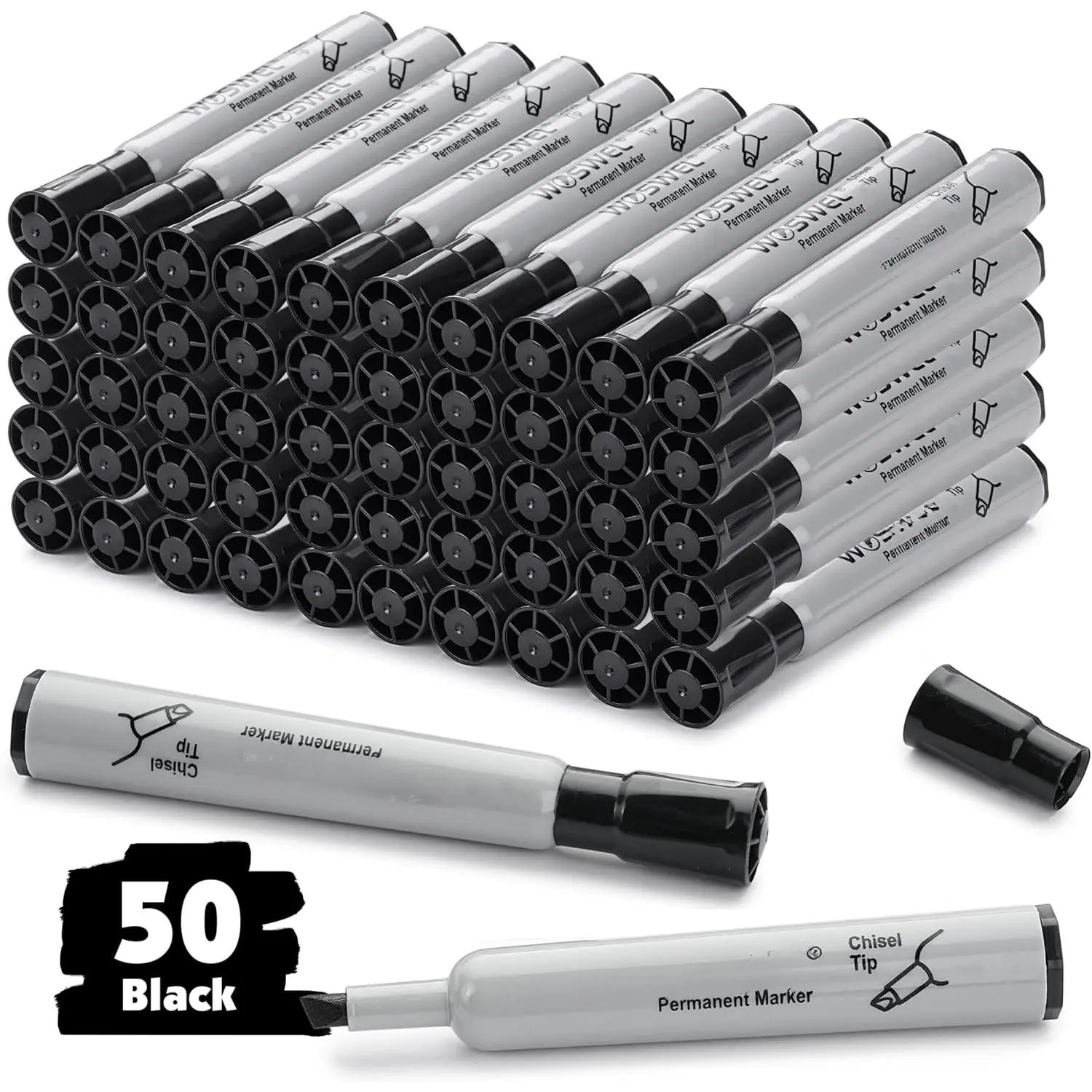 50 Pack Permanent Markers Bulk, Chisel Tip, Black,  Thick Large Permanent Markers, Wide Tip Markers, Works  Plastic,,Stone,Metal and ,  for Signs and Posters