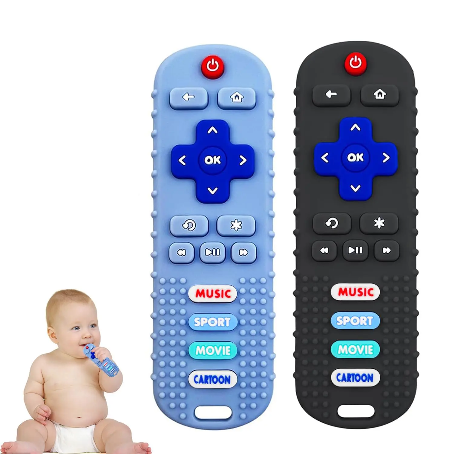 2PCS Baby Remote Control Toy, Soft Silicone Baby Remote Control Shape Teethers Toys  Babies 3 6 12 18 Month(Black + Blue) New model