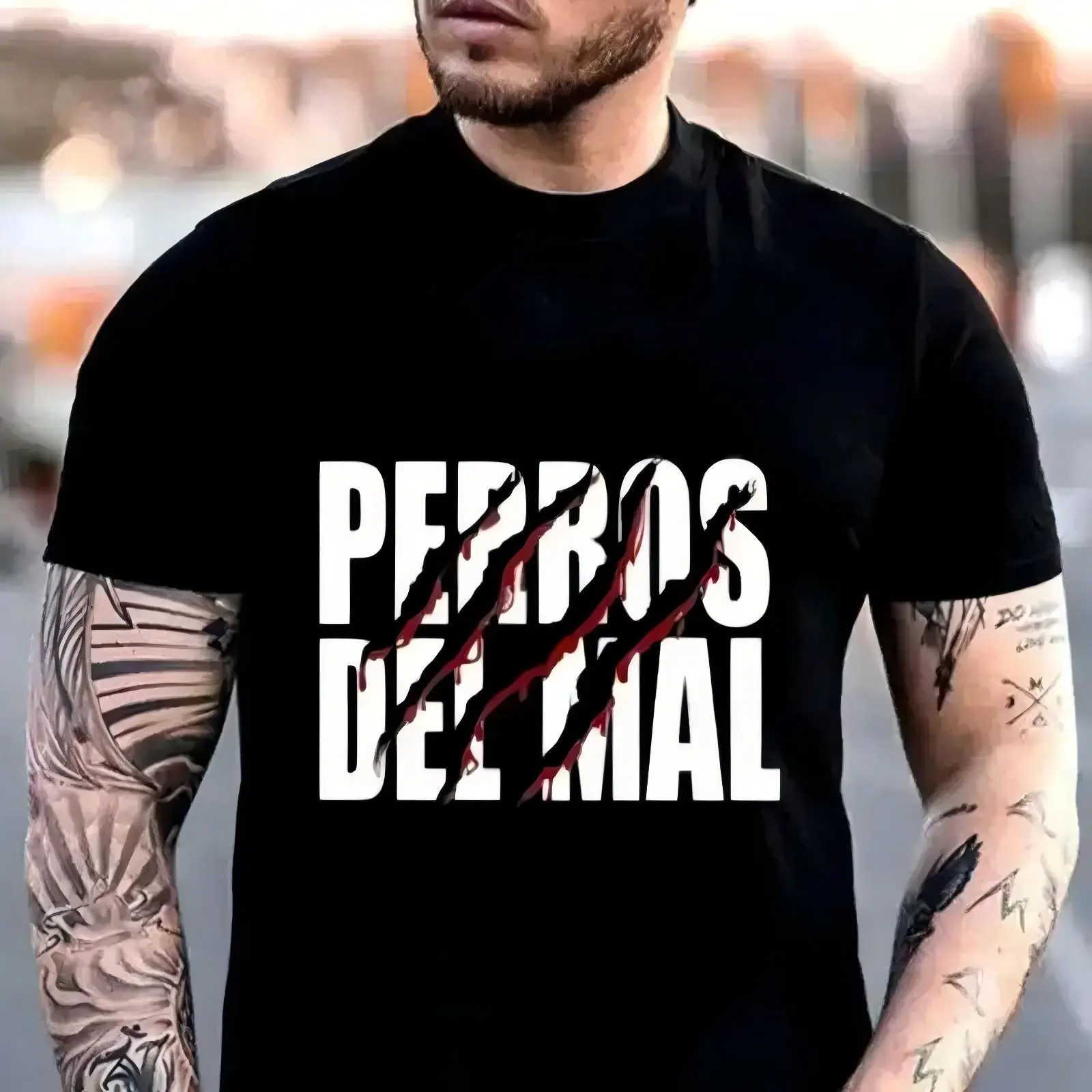 Men's Loose-Fit Shortsleeve Round Neck Casual T-Shirt - PERROS DEL MAL Printed Menswear Streetwear Top, Ideal for Couple Style Daily Outfits Funny Vintage Crewneck Tropical