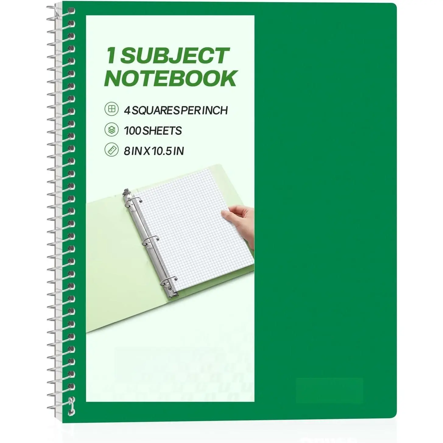 Spiral Notebook, 1-Subject, Graph Ruled Paper, 8" x 10-1/2", 100 Sheets per Notebook, 3-Hole Punched Paper,  Cover, Spiral Grid Notebooks for Work, , School, Writing, Black