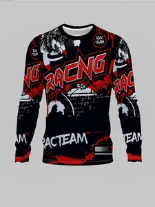 Men's Racng Eagle Graffiti Long Sleeve T-Shirt, Cycling Style Racteam Logo Quick-Dry Top, Bold Athletic Tee, Casual Loose-Fit All-Season Wear