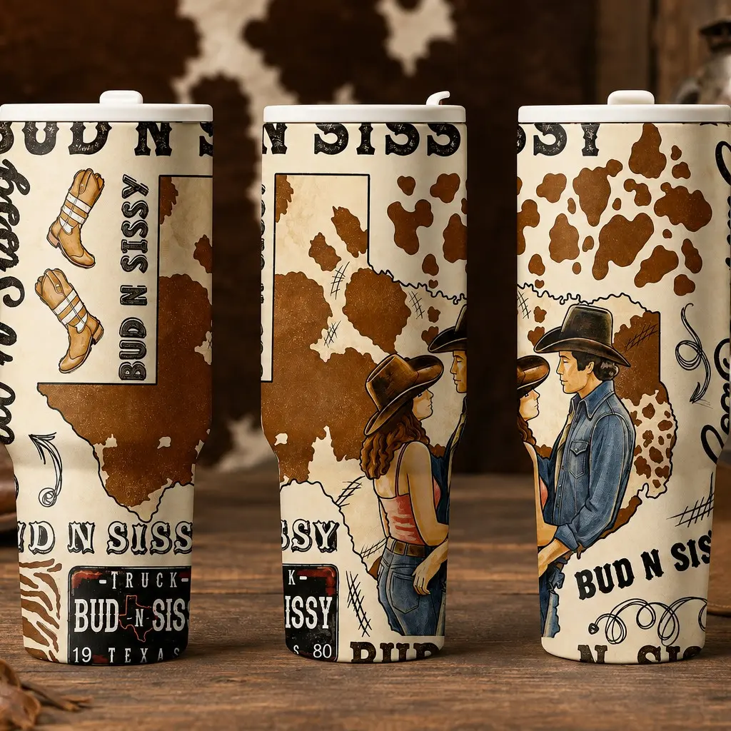 Western Cowboy Tumbler 40oz, Rustic Cow Print Ranch Cup, Insulated Stainless Steel, with Handle Lid Straw, Vintage Country Style Gift