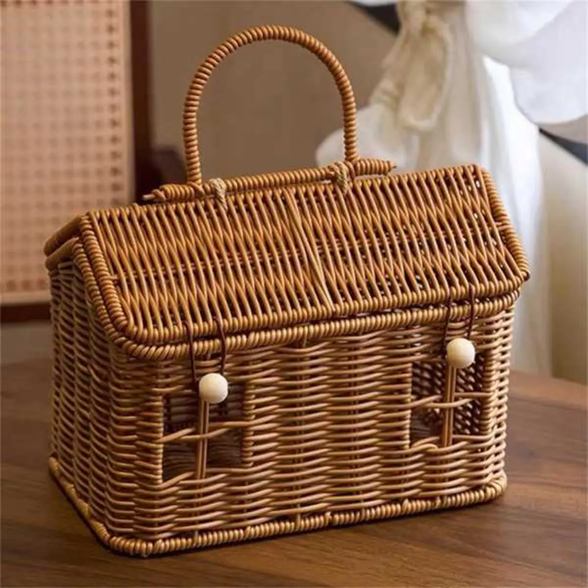 House Shaped Rattan Storage Basket with Lid, Decorative Woven Organizer Box with Handle for Shelf, Nursery, Bedroom, Living Room & Home Organization
