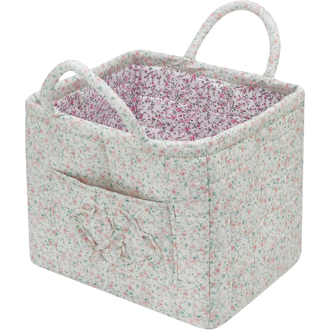 Quilted Basket with Handles &, Foldable Laundry Hamper Boho Floral Print Organizer Bin for Home,, Office 12"x10"x10" (A-1)