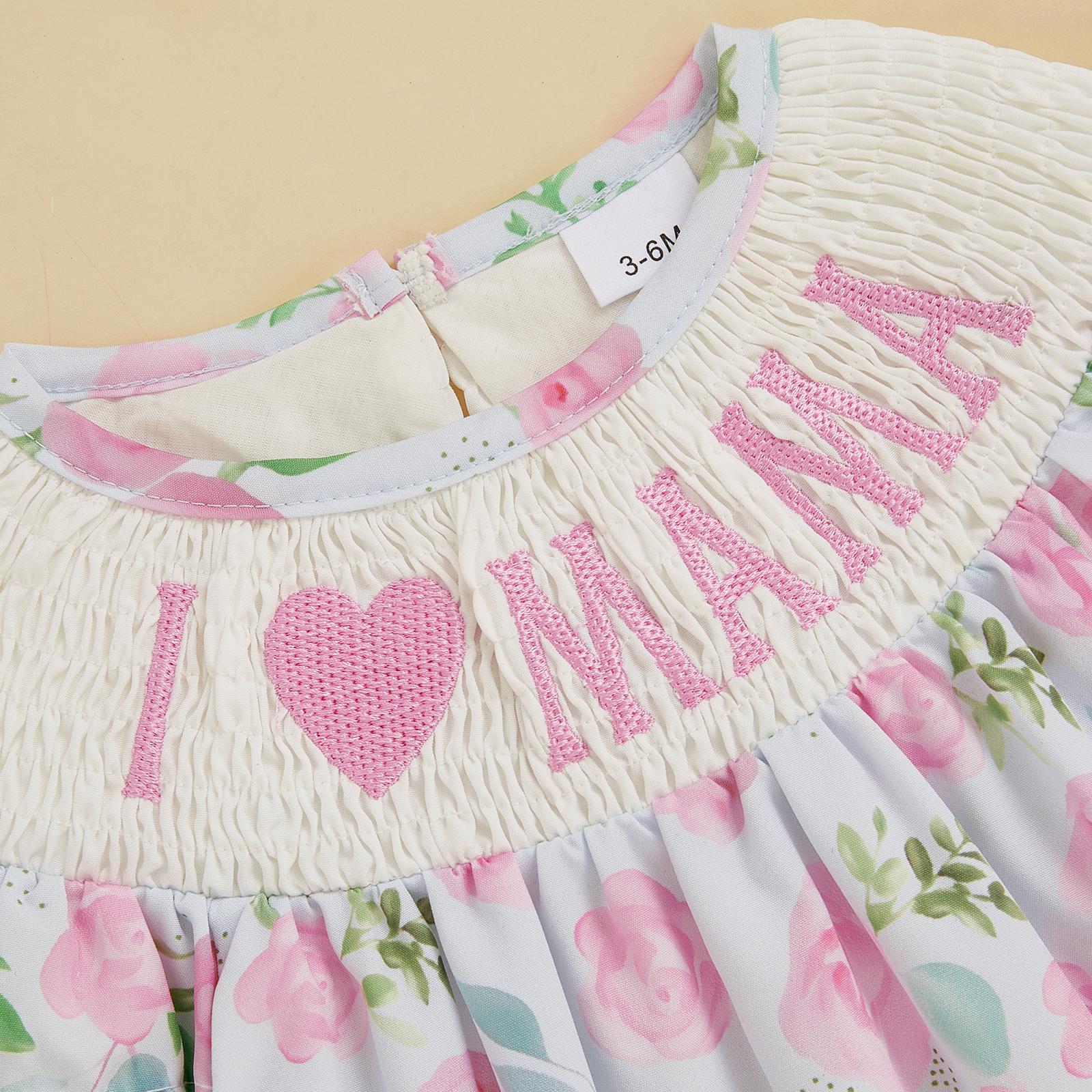 Newborn Baby Girl Summer Outfits Floral Mamas Girl Smocked Bubble Romper Fly Sleeve Onesie Bodysuit Mothers Day Clothes