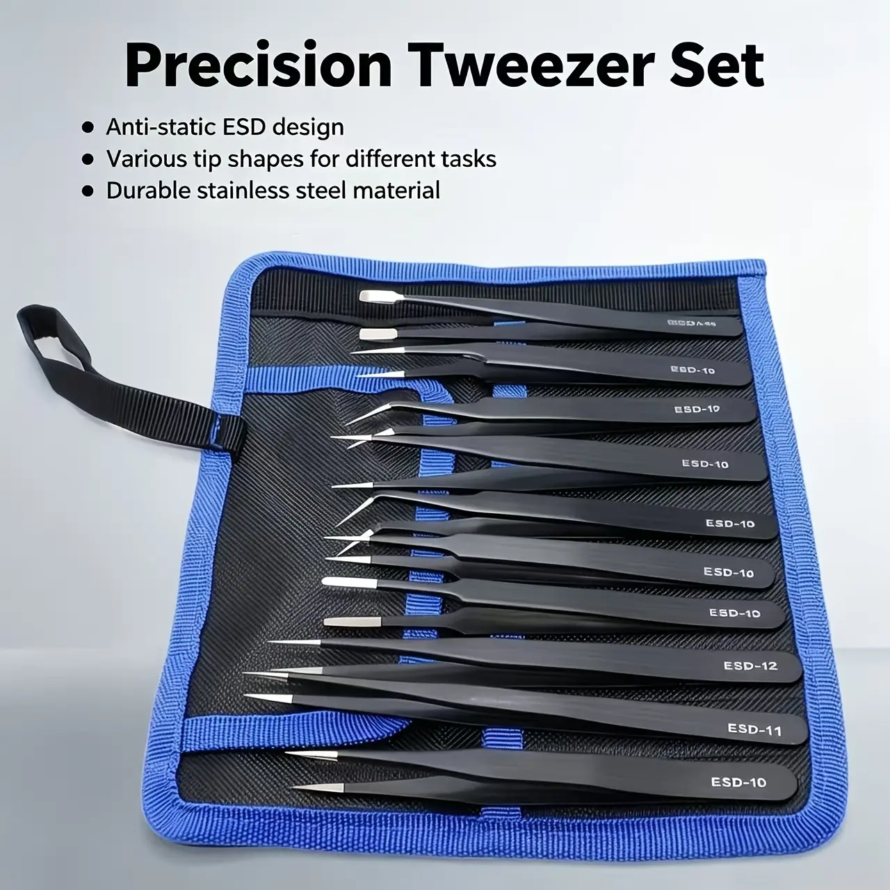 10-piece set, a multi-functional tweezers kit to handle all kinds of detailed work at home! Made from carefully selected high-quality steel, strong and not easy to bend, finely polished tips for picking up small parts and hairs.