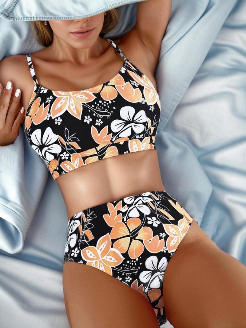 Two-piece Set Women's Floral Print Swimsuit Set, Summer Clothes Women, Casual Adjustable Strap U Neck Swim Top & High Waist Swim Bottoms, Women's Swimwear for Summer, Floral Bikini Sets