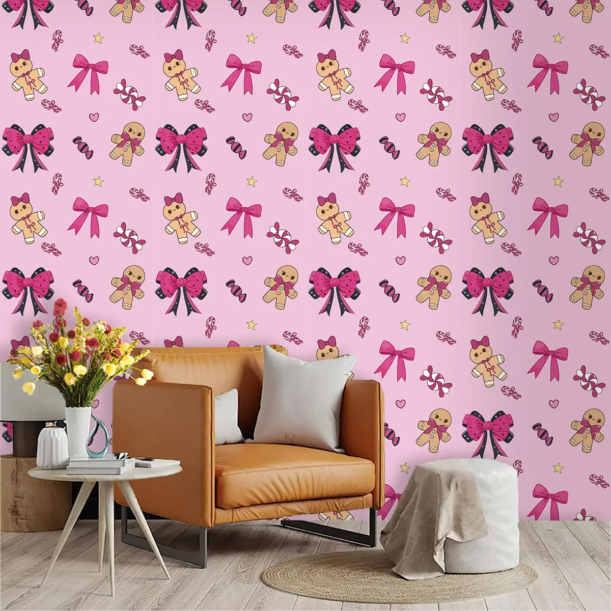 1 roll of pink gingerbread man bow-tie dessert-themed peel and stick wallpaper designs made of PVC, with adhesive on the back, suitable for furniture decoration, and wall decoration in kitchens/living rooms/bedrooms