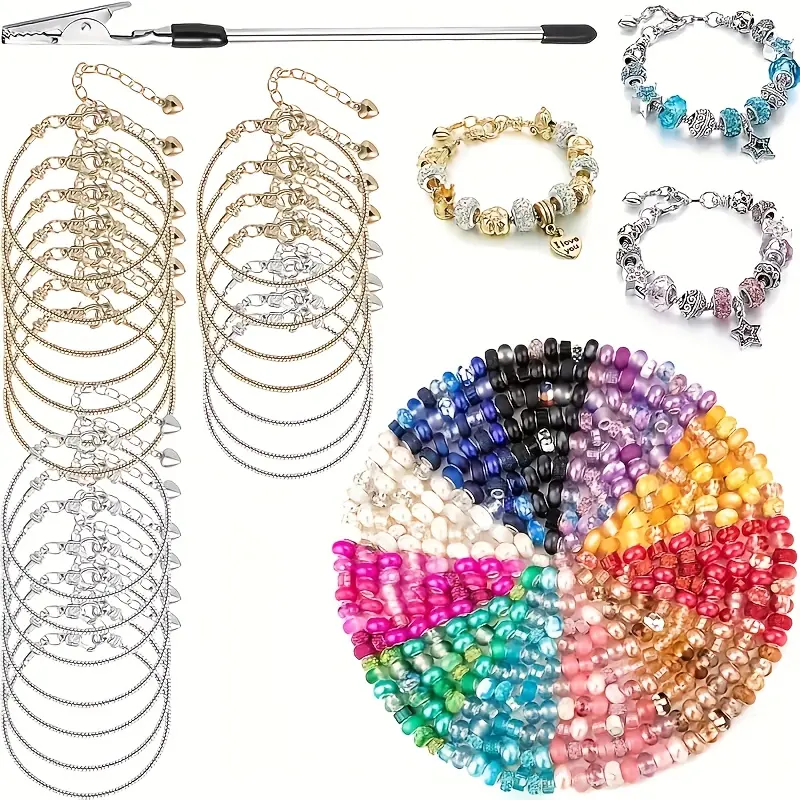 120Pcs Mixed-color Stainless Steel DIY Snake Chain And Large-hole Beads Set (Including 20pcs Bracelet +100pcs Beads And An Auxiliary Tool Clip), Suitable As A Gift for Handicraft Enthusiasts, Creative Gifts, Stylish Bracelets, Mixed Color Beads