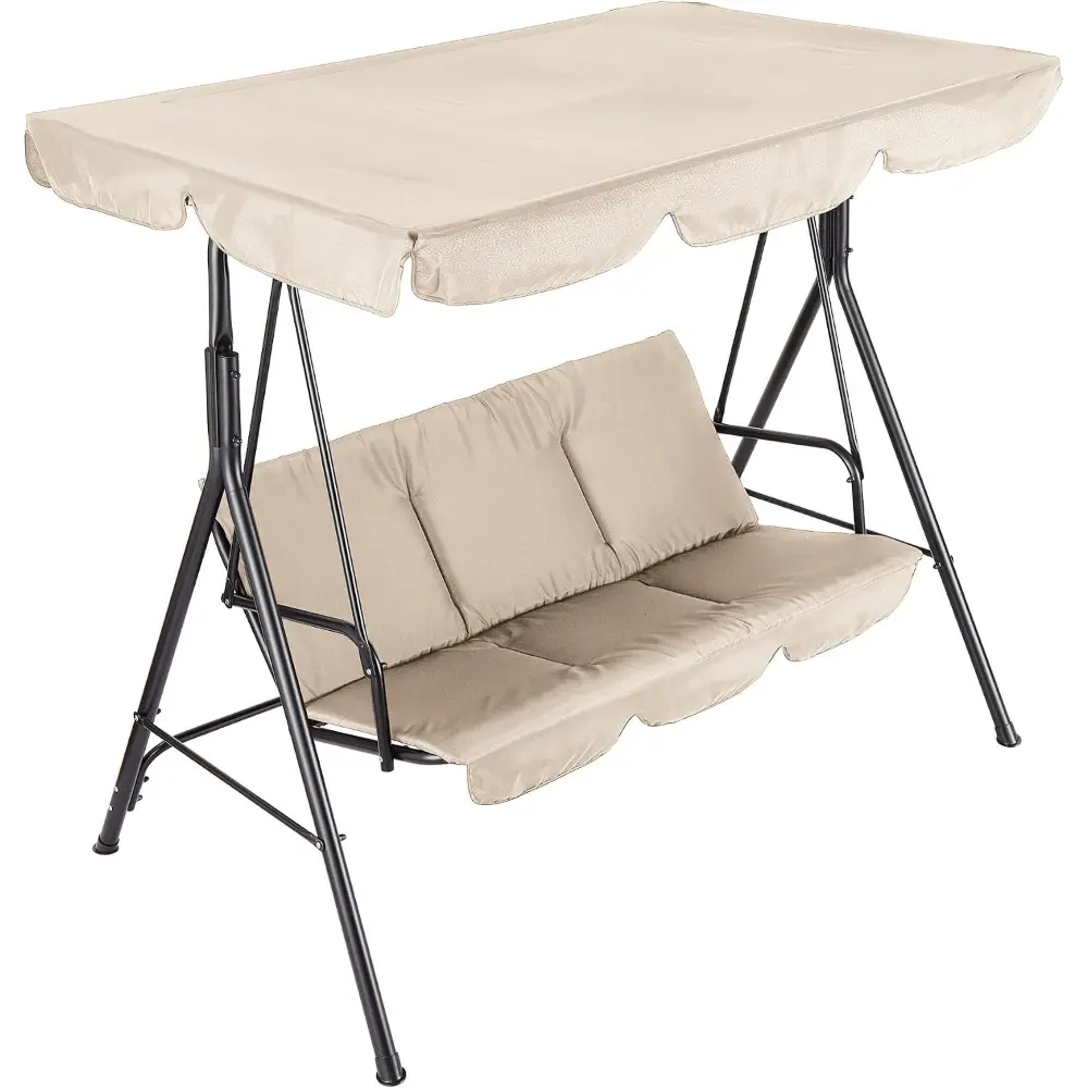 3 Seat Outdoor Porch Swing with Adjustable Canopy, Patio Swing Chair with Stand, Metal Frame, Thick Cushions, 500 lb Capacity, Outdoor Swings for Adults, Backyard Garden Deck