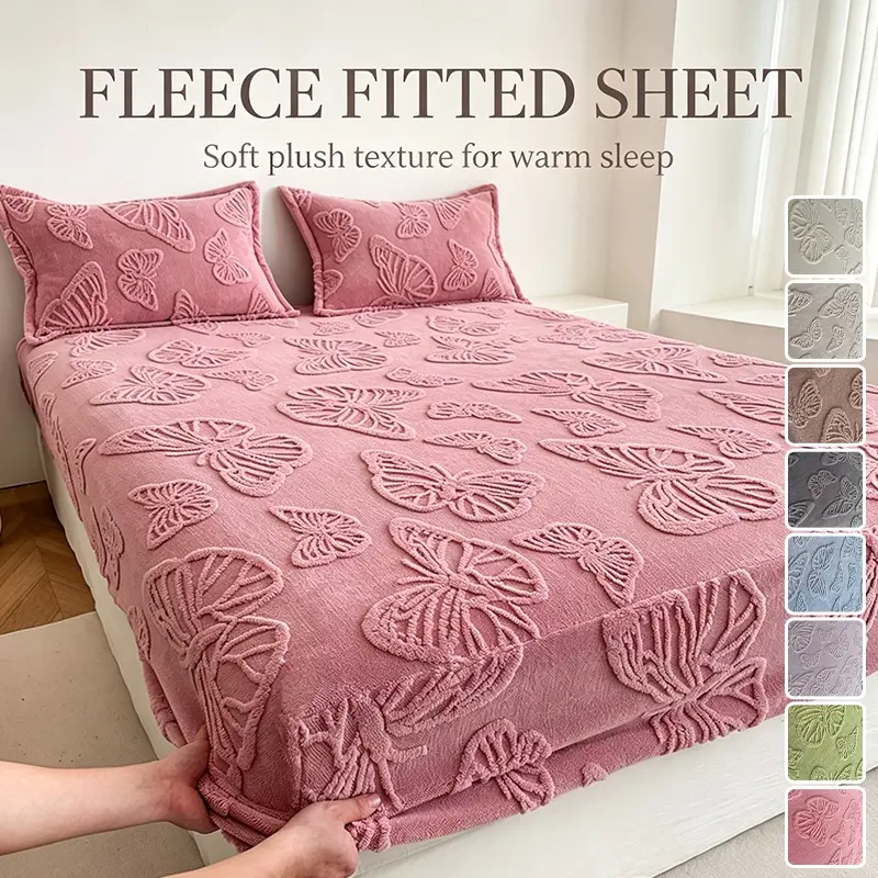 Popular Warm Plush Butterfly Tufted Fitted Sheet, Thick Fluffy Soft Bed Liner, Stretch Surround Band Avoid Sliding, Perfect Household Bedding for Cold Weather Naps and Night Rest