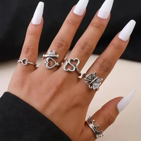 5-Piece Punk Style Ring Set, Unique Fashion Heart Butterfly Crown Stackable Finger Rings, Trendy Jewelry for Women, Beautiful Rings, Stylish Accessory Gift, Heart Shaped Ring
