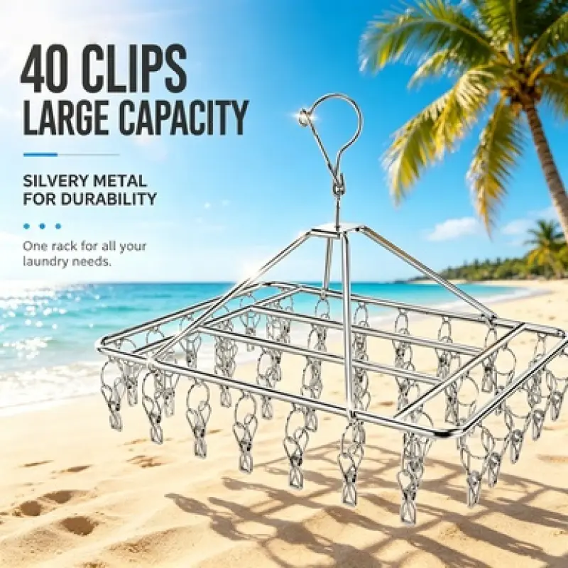 Stainless Steel Hanging Laundry Rack with 40 Clips, Sturdy Anti-Corrosion Structure, Great for Apartment Balcony Indoor Outdoor Small Clothes Efficient Drying