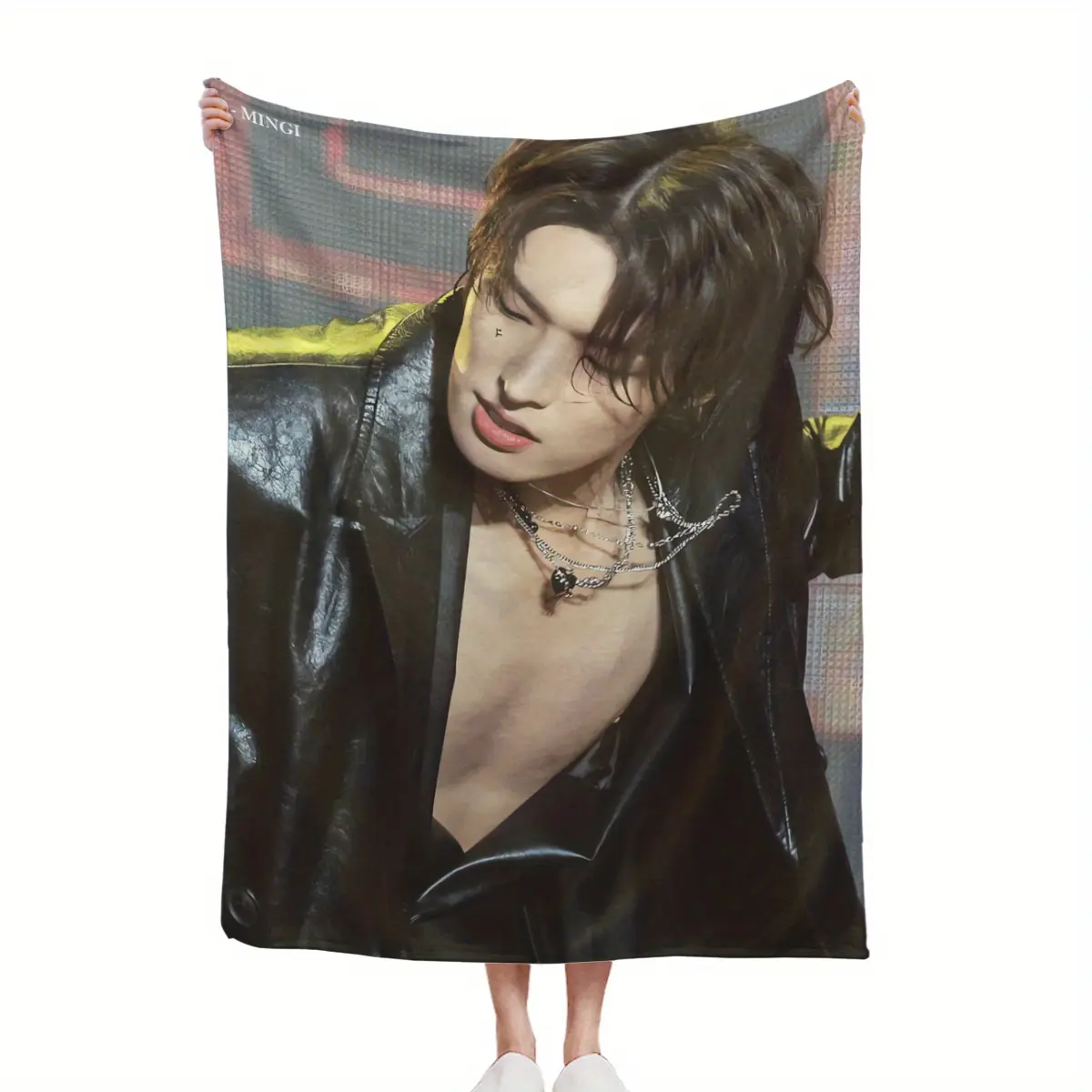 Kpop Idol Mingi Dark Unzipped Black Leather Jacket Close Portrait Throw Blanket Soft Fluffy Flannel Fleece Warm Sofa Bed Blanket Gridded Neon Red Line Background Multi Silver Chain Necklace Graphic Teen Young Girls Dark Edgy Kpop Stan Dorm Bedroom Fan Dec
