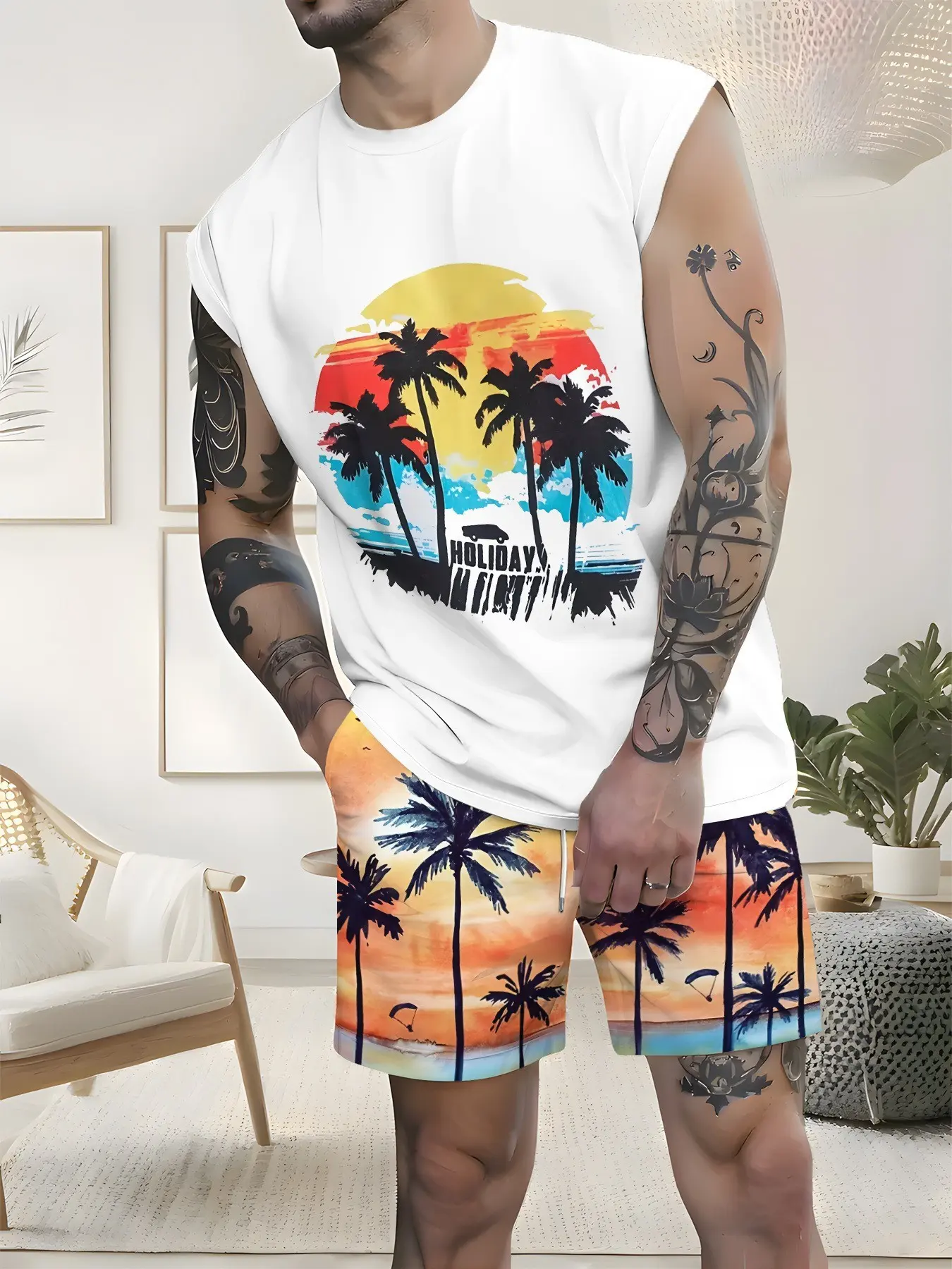 Men's summer sleeveless two-piece set, coconut tree tropical letter printed loose sports suit, casual beach travel outfit, Comfy Summer Sets