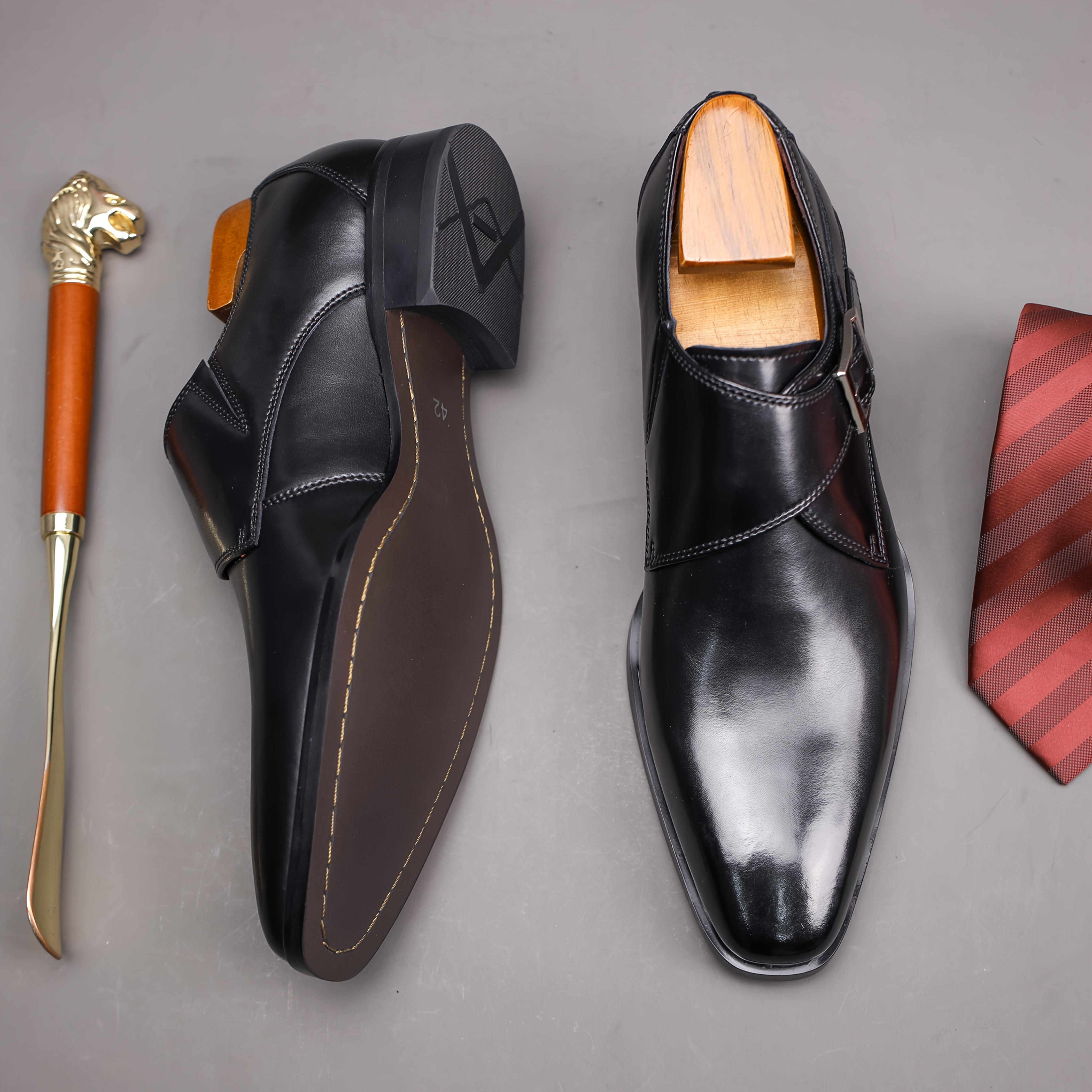 2025 Men's Genuine Leather Buckle Slip-On Formal Shoes - Brown Round Toe Casual Business Wedding Shoes, Suitable for Office and Daily Wear - Four Seasons Comfortable Rubber Sole