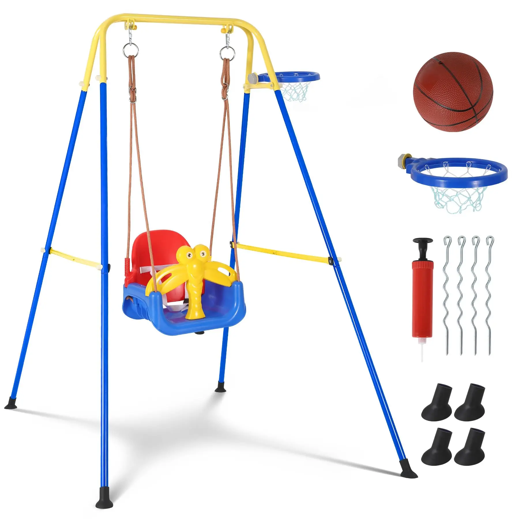 Gaomon 4-in-1 Toddler Swing Set with Basketball Hoop, Indoor Outdoor Kids Swing Frame for Ages 3 Months to 6 Years, Foldable Metal Stand, Safety Harness, 150lbs Capacity, Backyard Playground