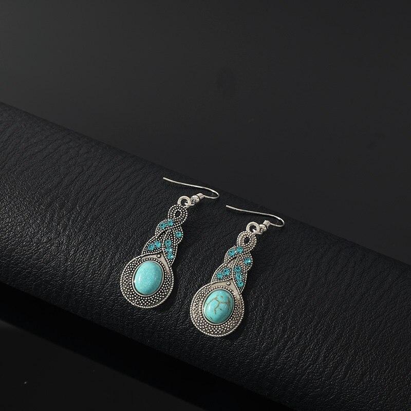 3pcs Necklace Earrings Set For Men And Women Vintage Style Blue Crystal Inlaid Turquoise Pendant With Lantern Chain Jewelry