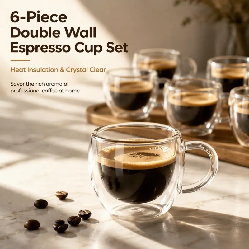 6-Piece Double Wall Espresso Cup Set - Heat Insulated Crystal Clear Glass Drinkware Mugs Coffee Cups for Rich Aroma Home Coffee Brewing