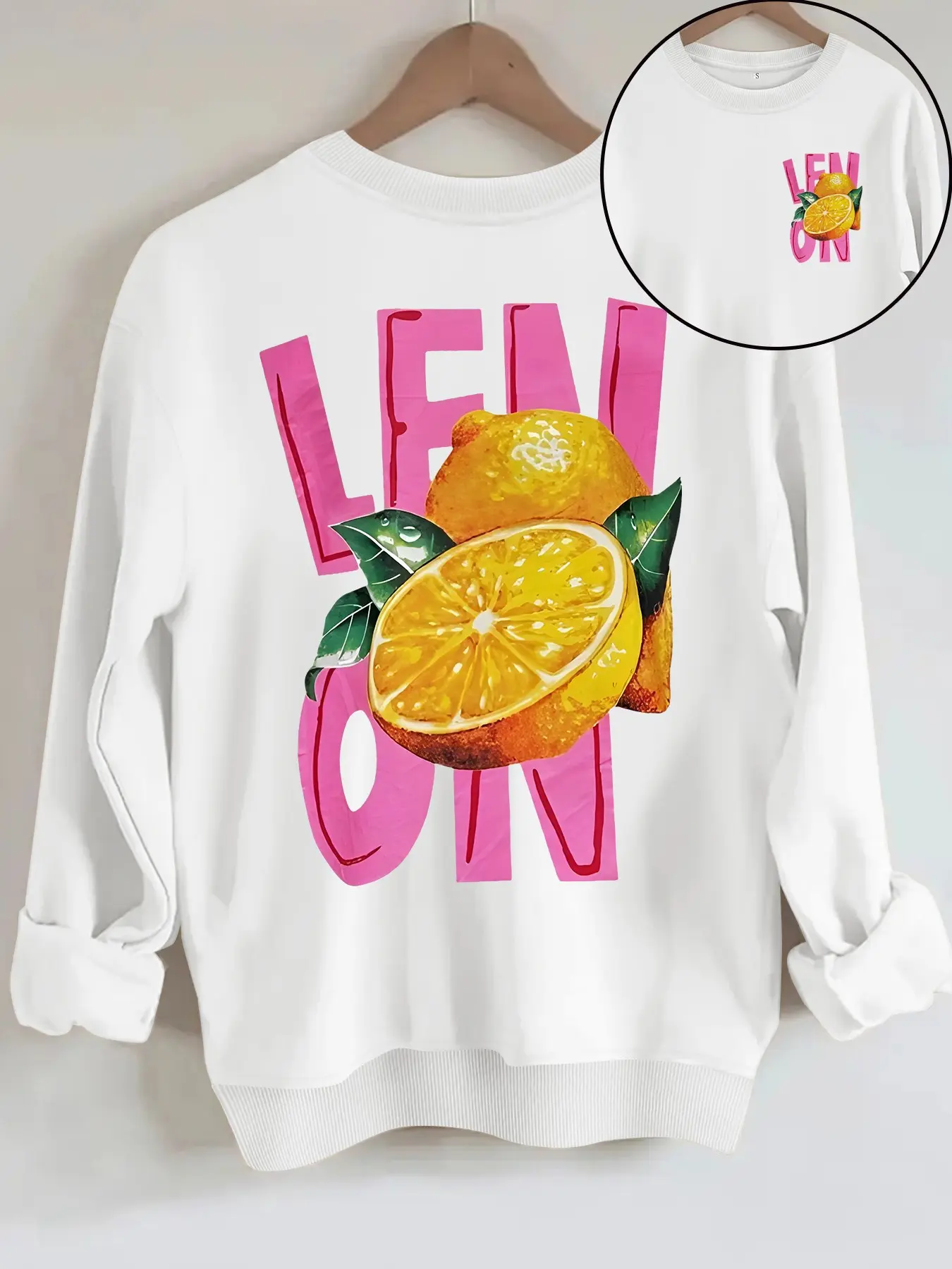 Women's Casual Round Neck Fleece Sweatshirt, Letter Lemon Pattern, Four-Season Fashion Top, Comfortable Daily Wear
