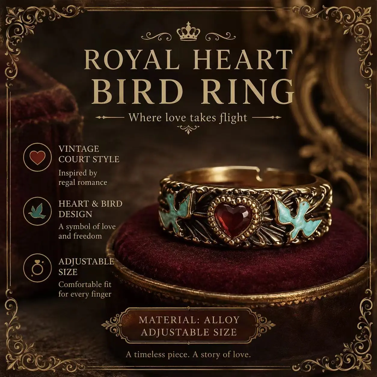 Vintage Court Style Heart Bird Ring, Elegant Jewelry Design, Perfect for Special Occasions, Unique Gift Idea, Timeless Fashion Accessory