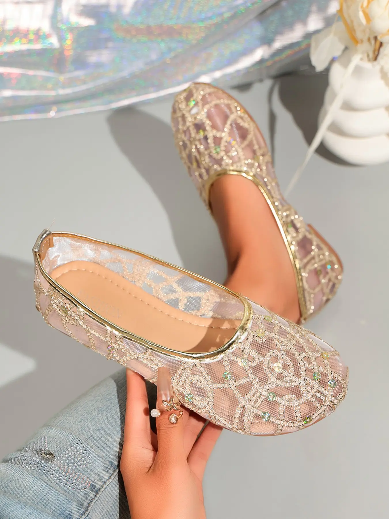 Women's Sheer Mesh Rhinestone Flat Shoes, Round Toe Crystal Glitter Slip on Ballet Flats, Elegant Wedding Bridal Daily Dress Shoes