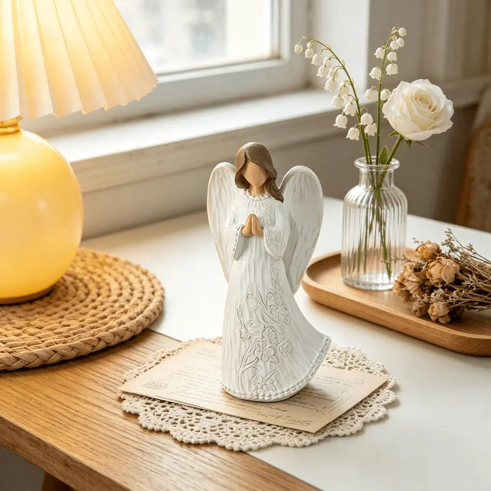 Vintage Prayer Angel Resin Statue, Relief Pattern Decor, Bedroom Vanity Shelf Book Desk Decoration, Elegant Home Gift for Women