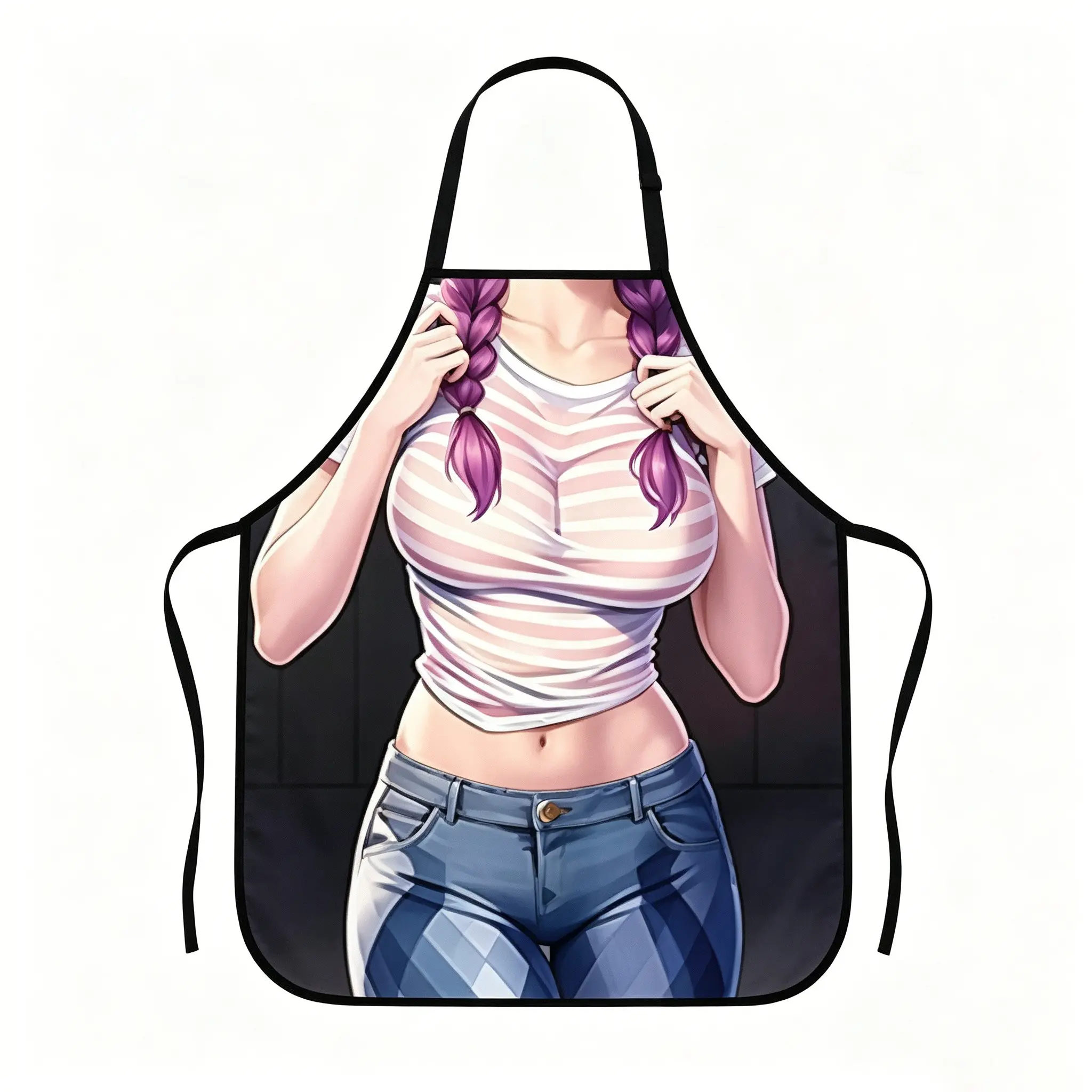 Funny Braids Anime Girl Print Kitchen Apron, Funny Aprons, Waterproof Oilproof, Adjustable Neck Strap, BBQ Baking Apron, Gag Prank Gift.1pc