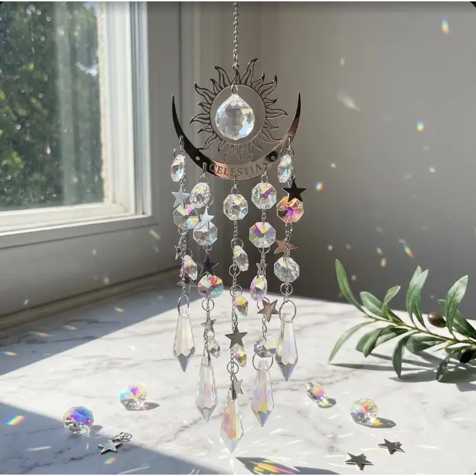 Hangable Golden-Silver Flame Moon Crystal Suncatcher - AB Color Prism Wind Chime Pendant, Sunshine Rainbow Maker Decoration, Festive & Home Gift for Window, Garden