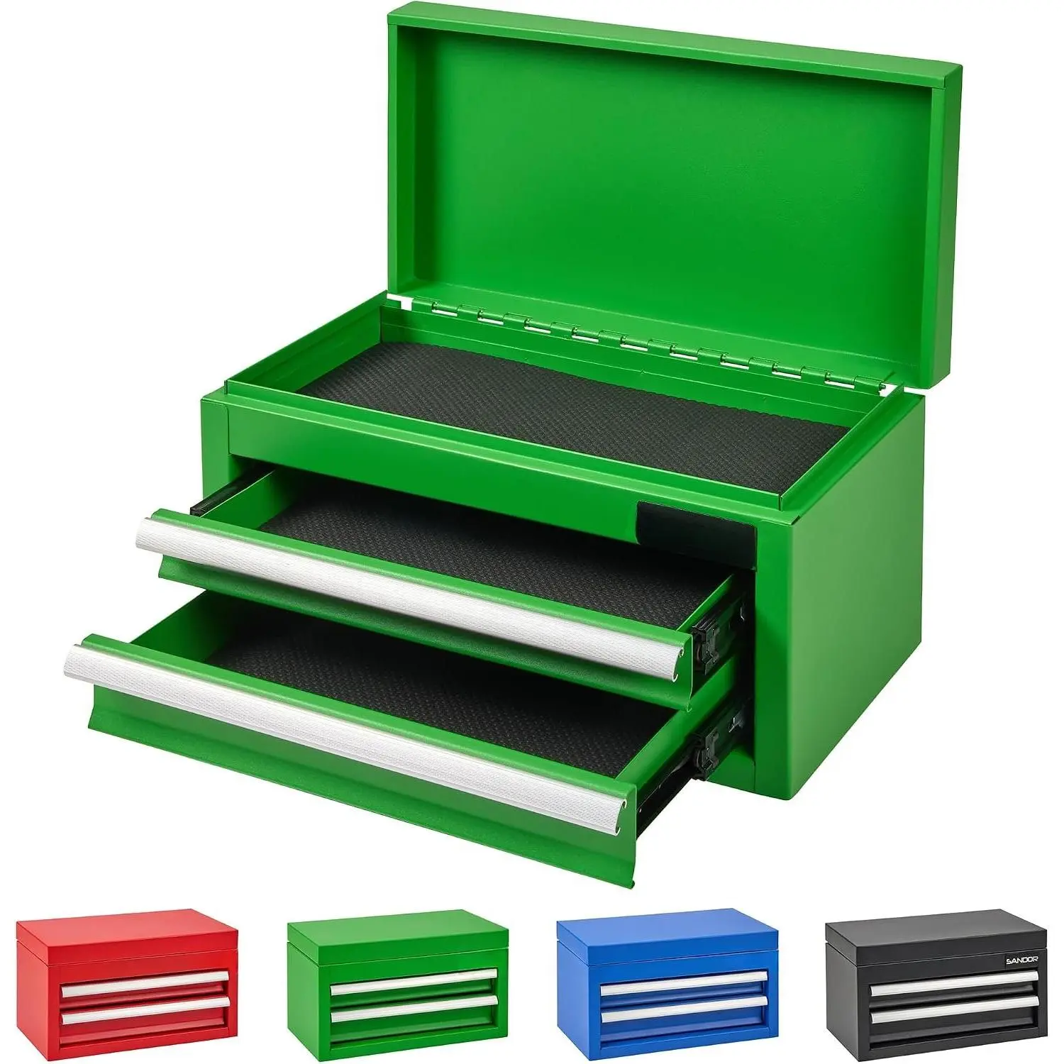 Mini Tool Box - Metal Tool Chest with 2 Drawers & PVC Drawer Liners for Workbench or Desk, -Coated Steel Small Toolbox - Multi-Purpose Storage for Machinists Tools, DIY,  Printer  - Green