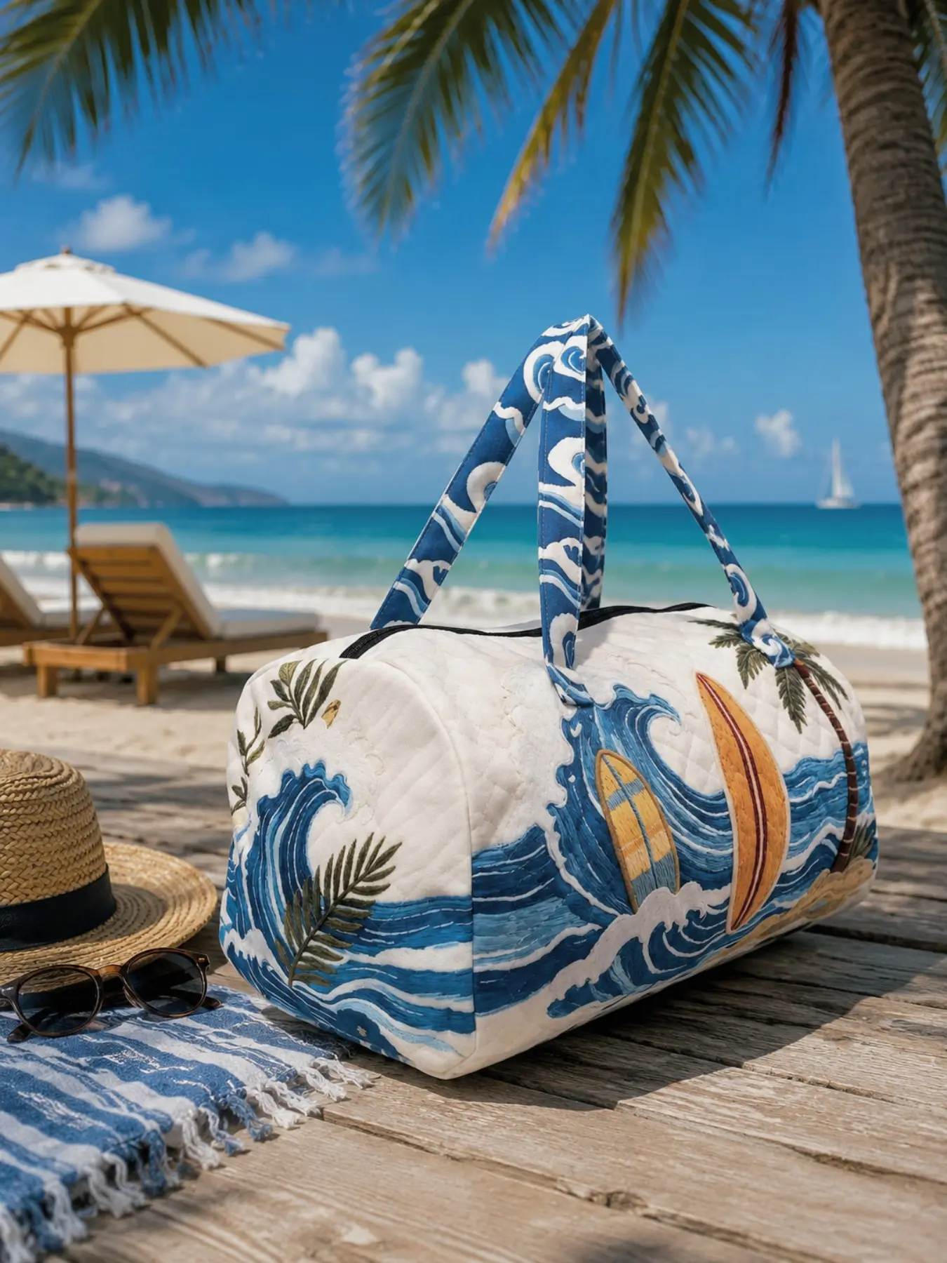 1 Piece Summer Ocean Surf Wave Print Weekender Duffel Bag, Large Capacity Lightweight Durable Carry-on Travel Tote for Beach Vacation, Gym, Camping & Weekend Getaways