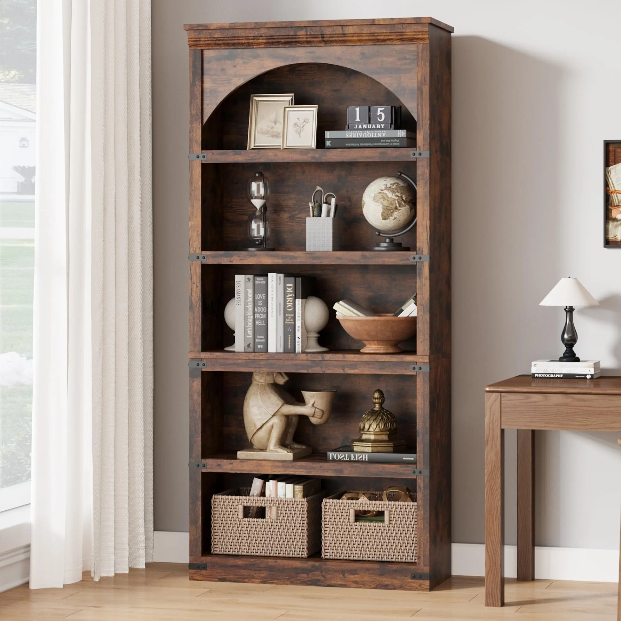 69" Tall Farmhouse Arched Bookshelf with Wooden Base – 5-Tier Rustic Vintage Bookcase for Living Room, Office, or Library