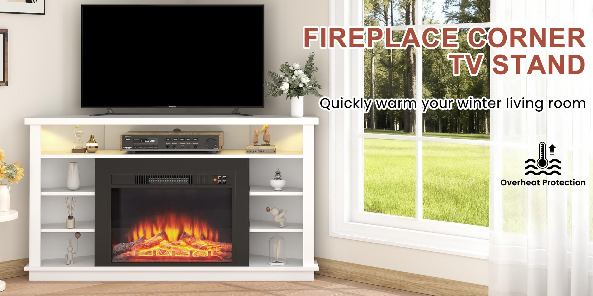 53" White Corner TV Stand with Electric Fireplace - 23" Insert Media Console, Compatible with 55" Televisions