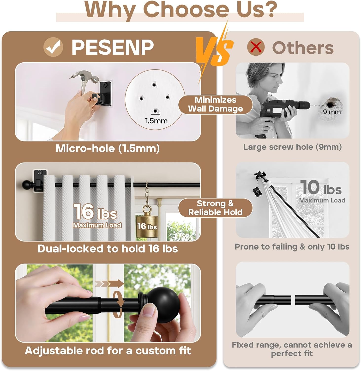 No-Drill Curtain Rod with Adhesive & Pin-Nail Mount System - Renter Friendly & Minimal Wall Damage, 5/8" Diameter Black Adjustable Rod for Windows 28 to 48