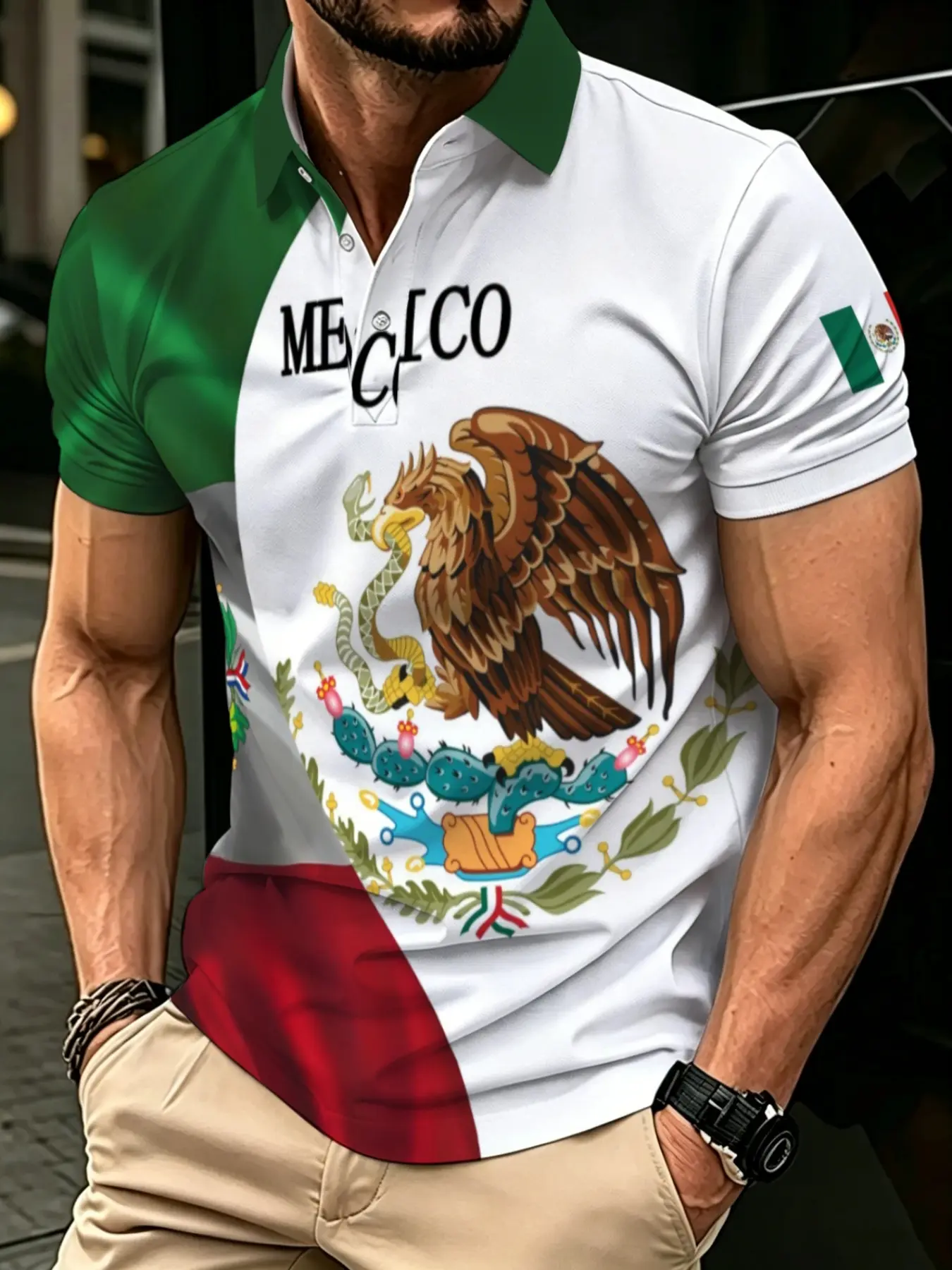 Men's Fashion Polo Shirt Short Sleeve with Mexico Element Print Collar T-Shirt Casual Sports Top Football Game Day Casual Outfit For Mexican FansSoccer Fan Ethnic Retro Printed For Party Sports Daily Wear