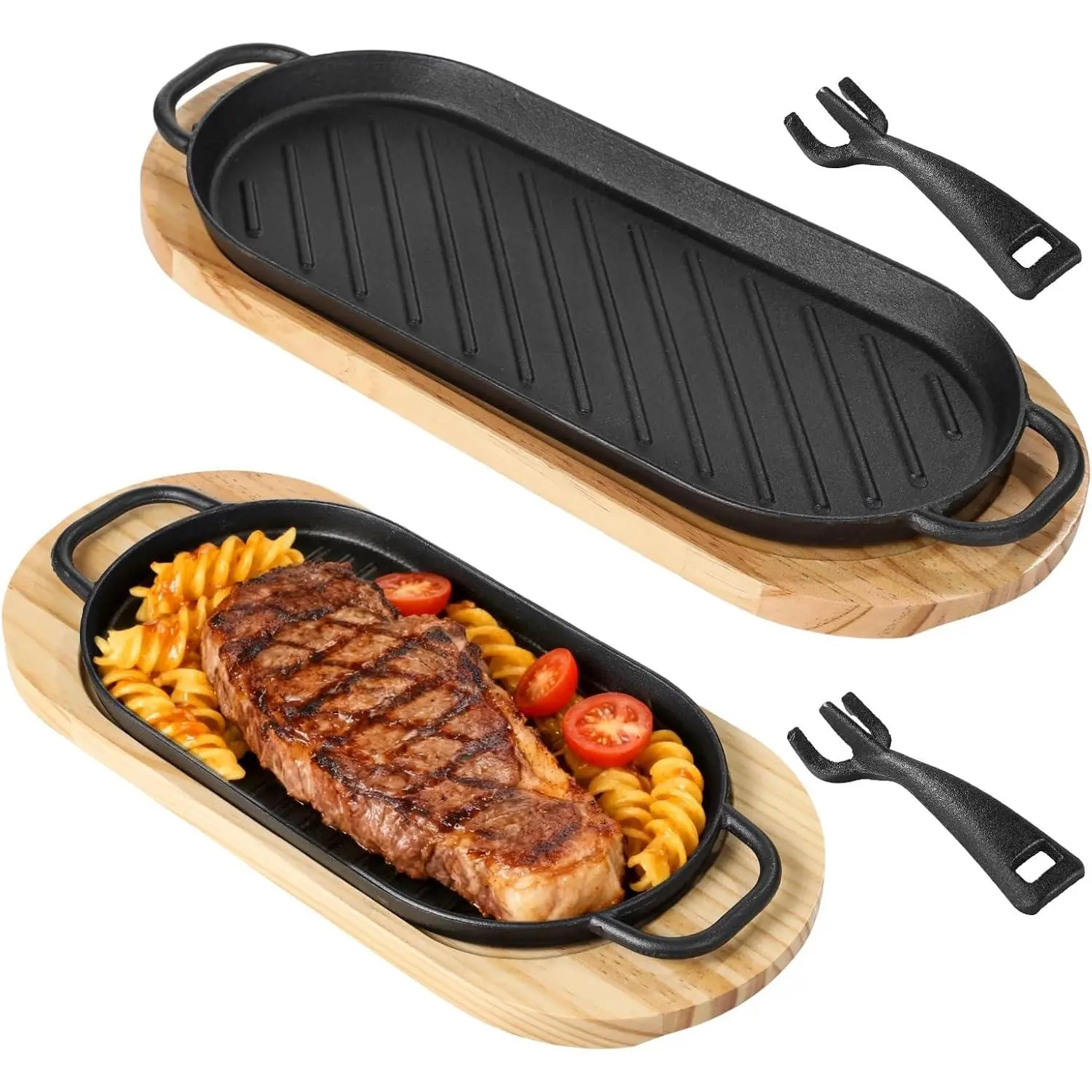 Cast Iron Skillet Set, 2 count Fajita Plate Sizzling Pan Cast Iron Plates with Wooden Base Removable Handle, Steak Pan for Outdoor Grilling BBQ Kitchen Cooking