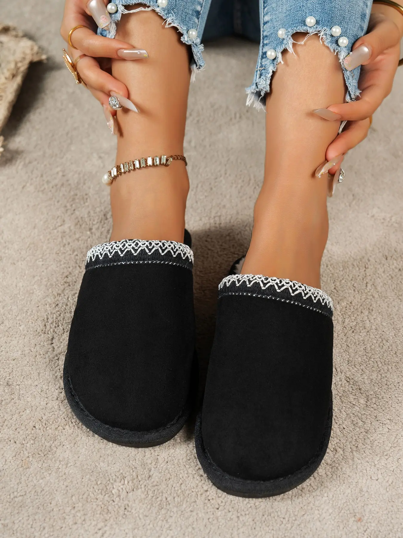 Warm Plush Cotton Slippers, Fall Winter Retro Quiet Home Shoes, Textile Upper Rubber Sole, Casual Less Than Ankle Height