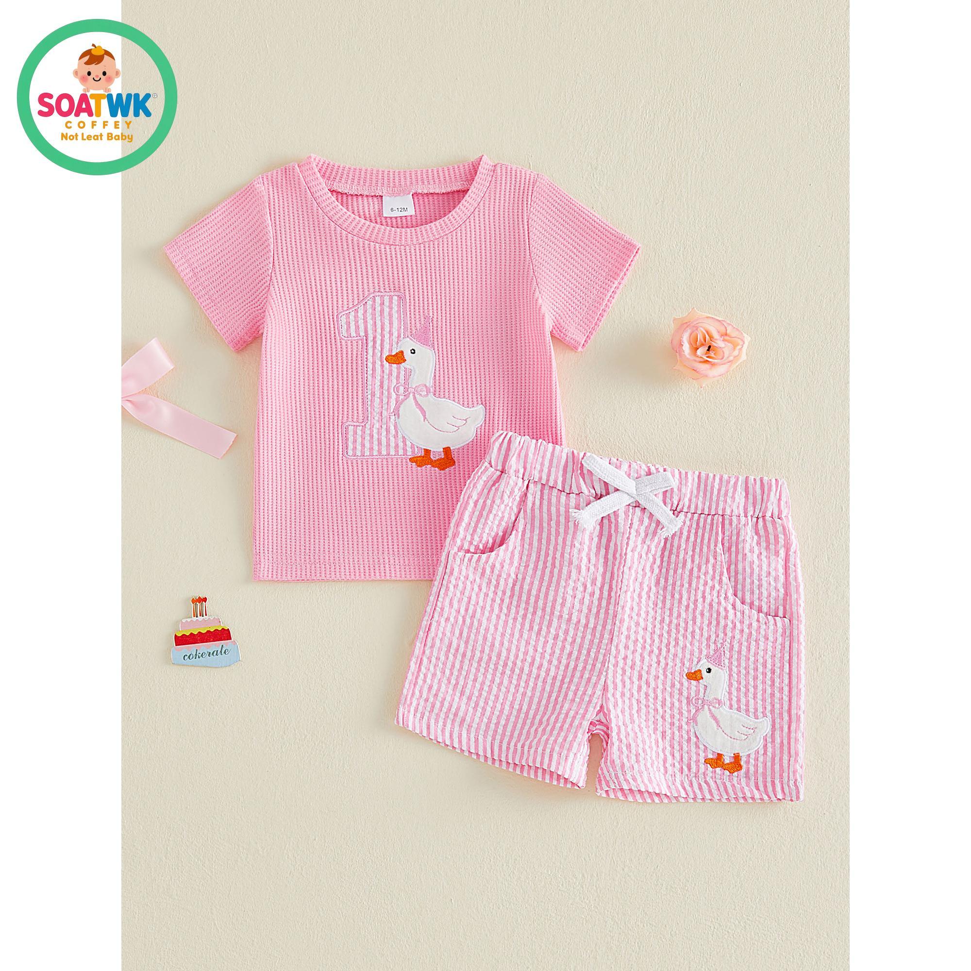 Baby Girls Birthday Outfit, Short Sleeve Embroidery Duck T-shirt with Striped Shorts Summer 2-piece Outfit
