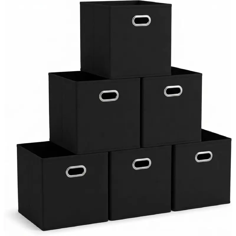 6-Piece Foldable Classic Fabric Storage Bins, 11x11x11", Strong Poly-Woven Fabric, Sturdy Chipboard Sides, Grommet Front Handle, Stackable, Black Home Organizer Boxes
