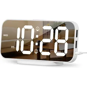 Aesthetic Digital  Clock, Big Mirror Display with  USB Charger Ports,  Alarms, Snooze, 4-Level Adjustable Dimmer, for Bedroom, Office, Desk, Plug in LED Clocks