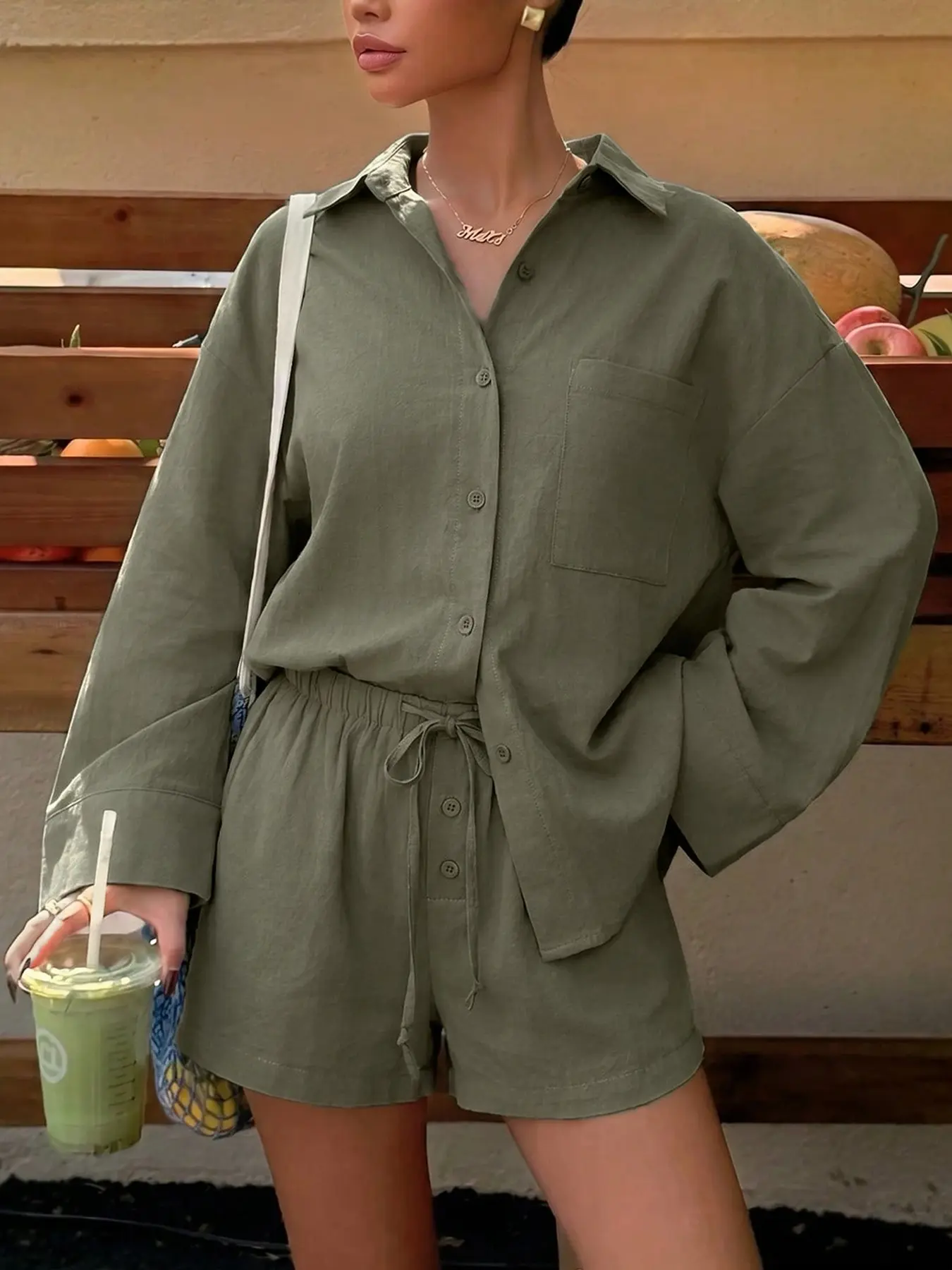 Women's 2-Piece Set, Loose-Fit Long Sleeve Button Shirt with Large Pockets, High-Waisted Drawstring Shorts, Casual Vacation, Adjustable