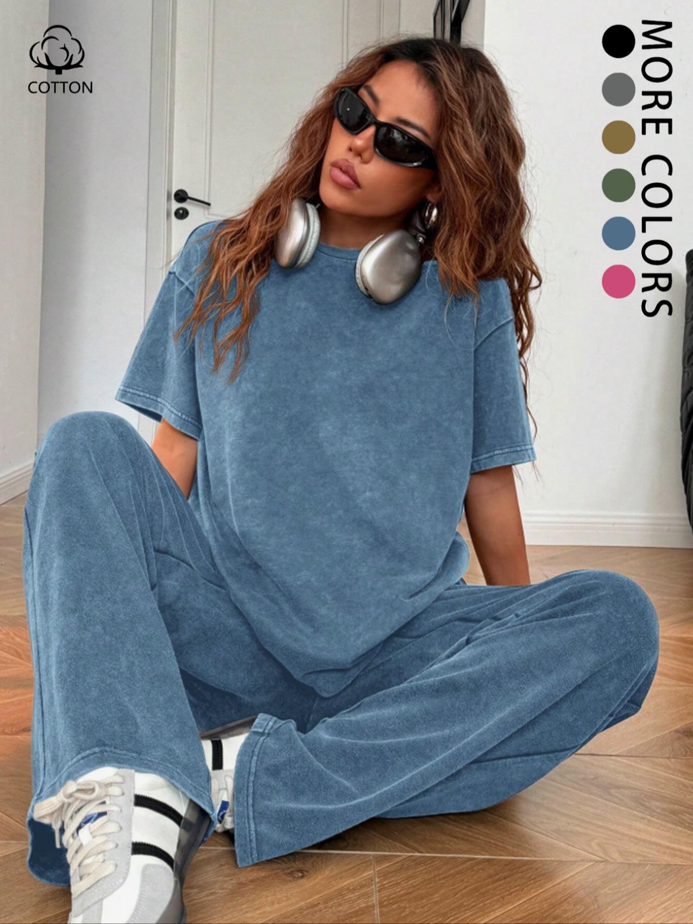 Women's Casual Loose Fit Acid Washed Cotton Short Sleeve T-Shirt and Long Pants Two-Piece Set, All Seasons, Plain Style