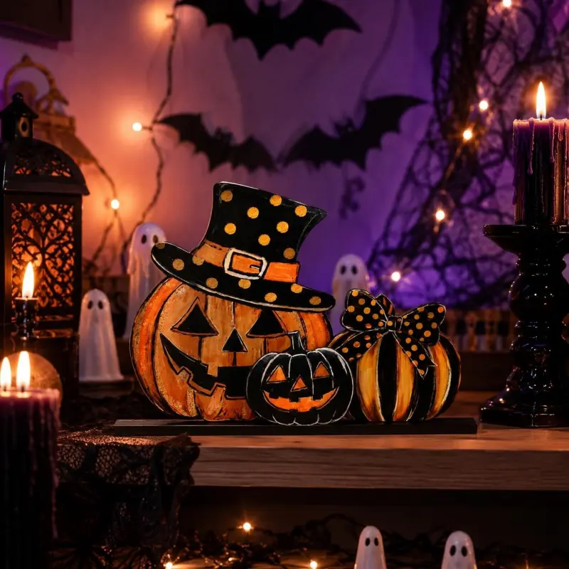 Happy Smile Halloween Wooden Table Decoration, Table Centerpieces Decor, Pumpkin Ghost Standing Centerpiece, Tabletop Display and Party Indoor Decor | Standing Centerpiece, Home Decor, Suitable for Tabletop Display and Party Occasions