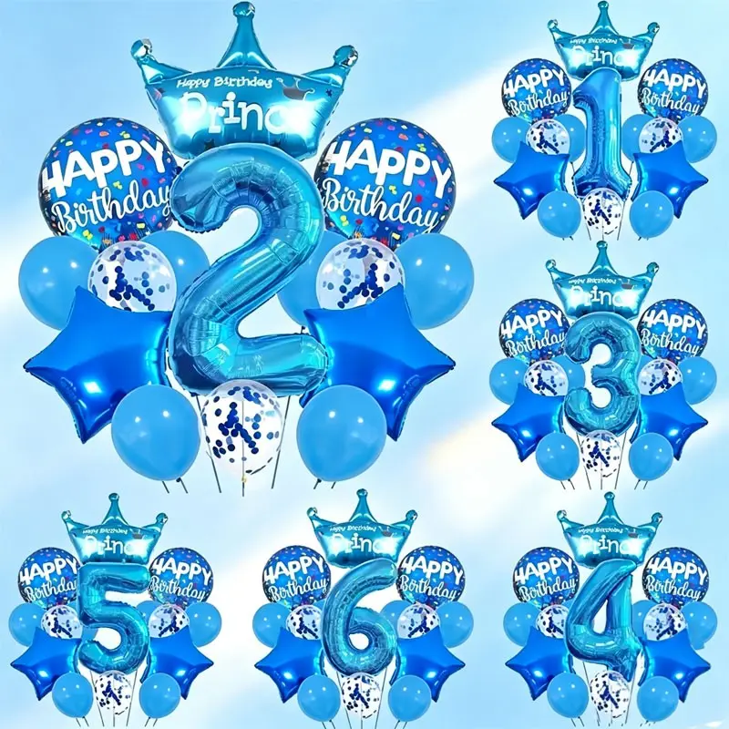 18-Piece Crown Number Birthday Decoration Balloons Set, Blue/ Numbers, Star/butterfly Prints，Suitable for birthday party decorations for girls/boys, anniversary/Valentine’s Day decor, gatherings with best friends or friends