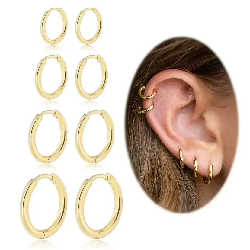 4 Pairs Stainless Steel Huggie Hoop Earrings Set – Hypoallergenic Lightweight Gold Hoops 8/10/12/14mm, Lightweight Non Tarnish Classic Round Earrings for Women Men, Daily Wear Jewelry Accessories Gift for Birthday Valentine's Day