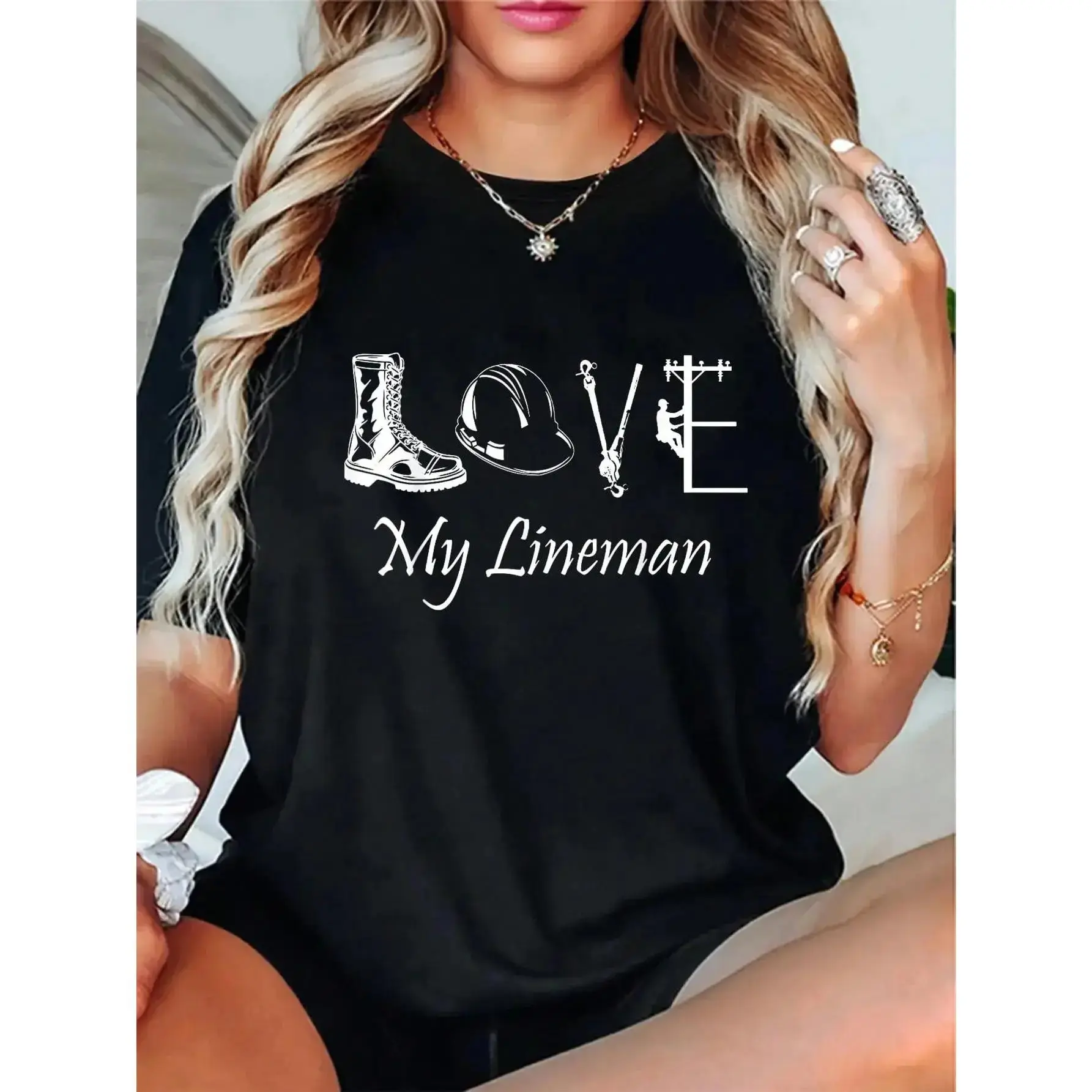 Cotton Love My Lineman Wife Husband Lineworker Girlfriend Linesman T-Shirt