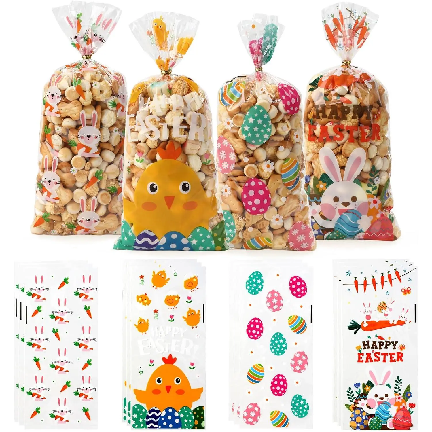 100 count Easter Cellophane Bags(5x11 Inch) with Ties for Candy Goodie  Snack  Cookie Small Gifts Wrap Plastic Ziplock Bag Baggies Pouch Easter Party Favors Supplies Decorations Table Decor