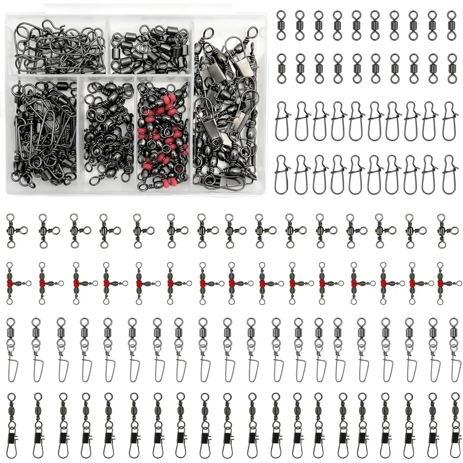 110 count  Fishing Swivels & Snaps Kit with 6 Connector Types | Includes Rolling Barrel Swivels, 3-Ways Fish Line Connector, Snaps Clips for Quick Lure Changes, Line-Twist Control, with Box