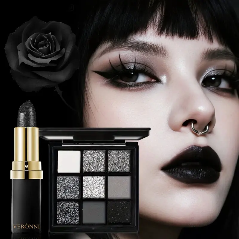2-Piece Swan Smoky Eye Makeup Set Beauty Kit, 9-Color Shimmer Glitter Eyeshadow Palette + Diamond Lipstick, Gothic Dark Queen Look, Perfect for Parties and Events